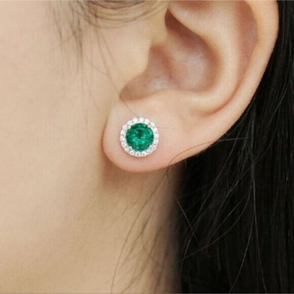 2.50CT Green Emerald Round Cut Halo Luxury Stud Earrings in Sterling Silver - Picture 10 of 11